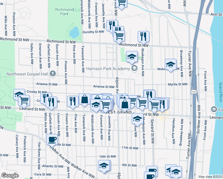 map of restaurants, bars, coffee shops, grocery stores, and more near 820 Arianna Street Northwest in Grand Rapids