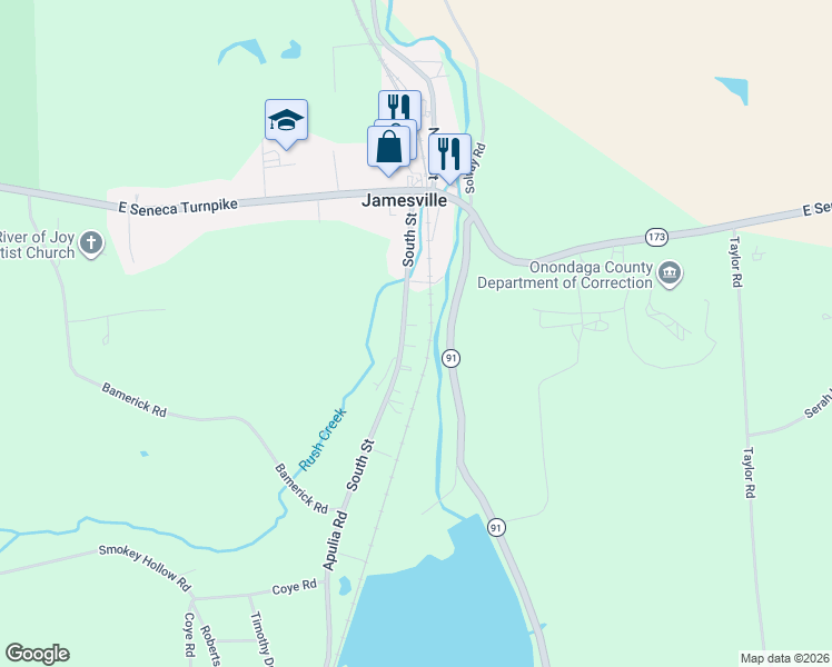 map of restaurants, bars, coffee shops, grocery stores, and more near 4444 Apulia Road in Jamesville