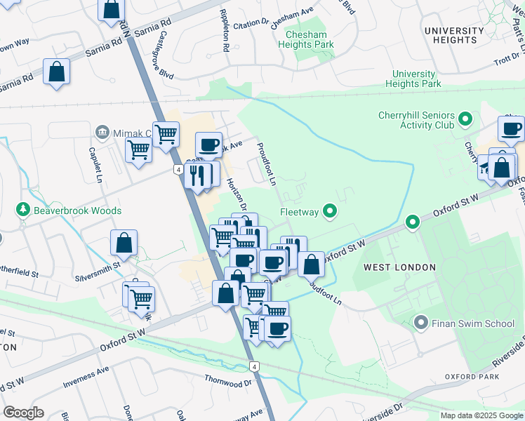 map of restaurants, bars, coffee shops, grocery stores, and more near 700 Horizon Drive in London