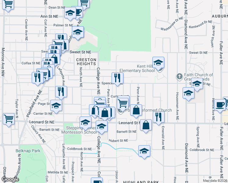 map of restaurants, bars, coffee shops, grocery stores, and more near 1320 Union Avenue Northeast in Grand Rapids