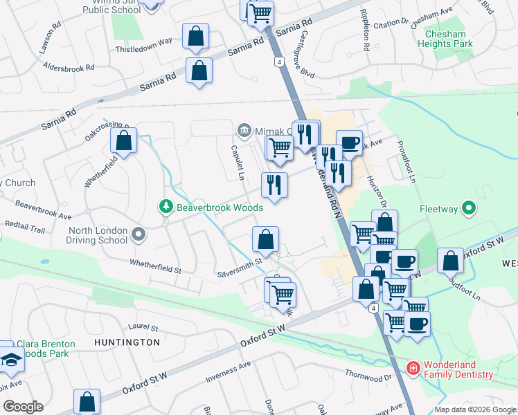 map of restaurants, bars, coffee shops, grocery stores, and more near 1460 Beaverbrook Avenue in London