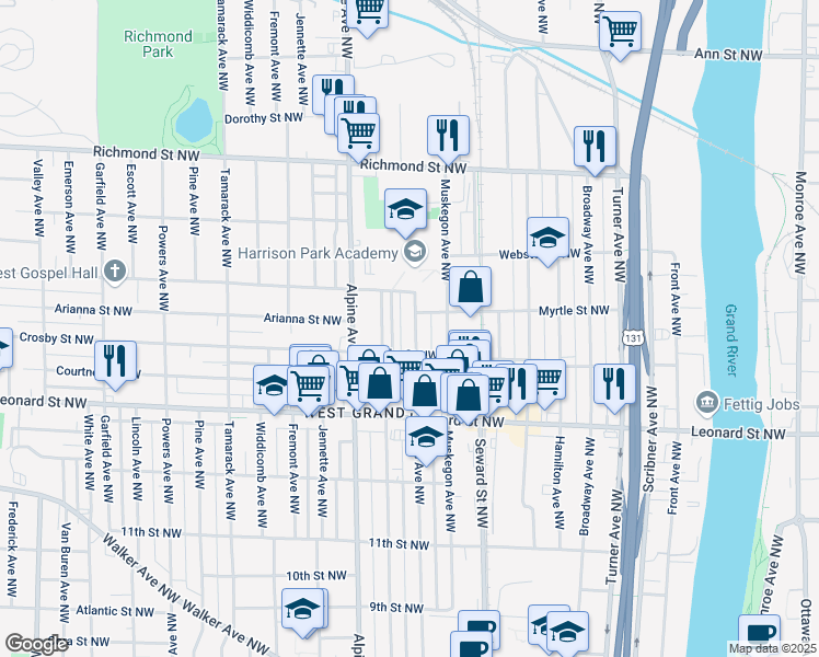 map of restaurants, bars, coffee shops, grocery stores, and more near 1325 Davis Avenue Northwest in Grand Rapids
