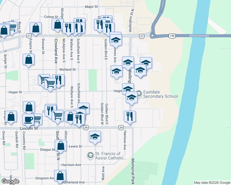 map of restaurants, bars, coffee shops, grocery stores, and more near 609 Hagar Street in Welland