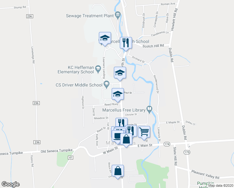 map of restaurants, bars, coffee shops, grocery stores, and more near 53 North Street in Marcellus