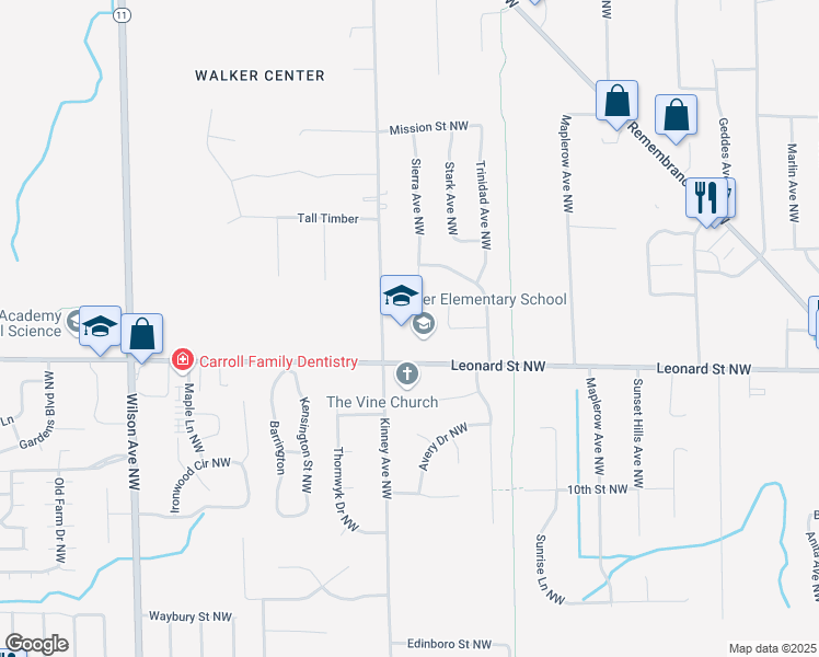 map of restaurants, bars, coffee shops, grocery stores, and more near 1234 Kinney Avenue Northwest in Grand Rapids