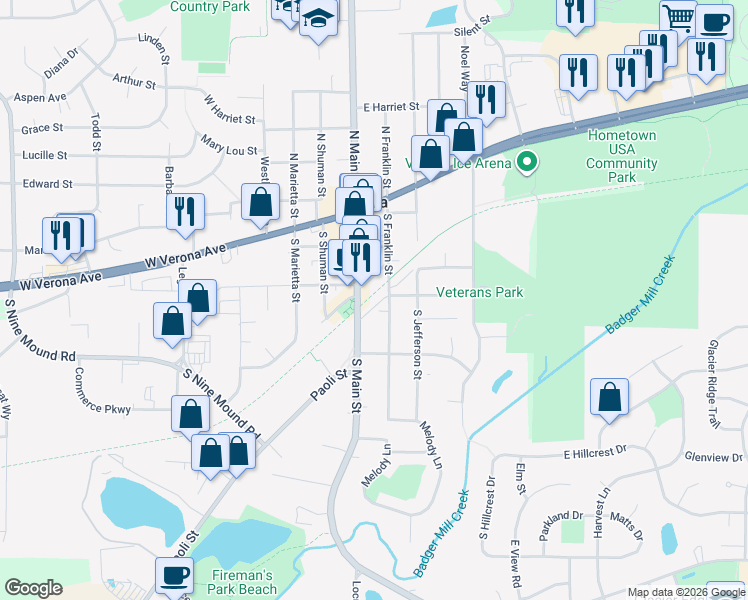 map of restaurants, bars, coffee shops, grocery stores, and more near 101 Railroad Street in Verona