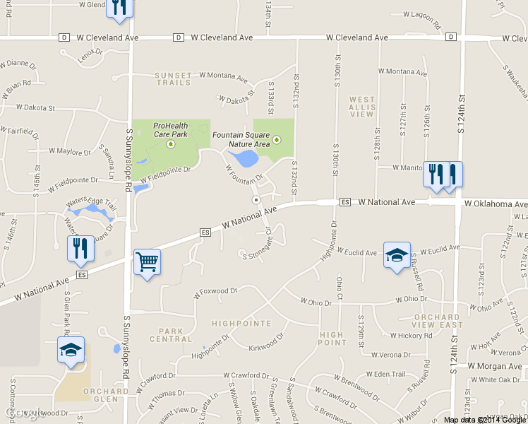 map of restaurants, bars, coffee shops, grocery stores, and more near 3198 Fountain Square Blvd in New Berlin