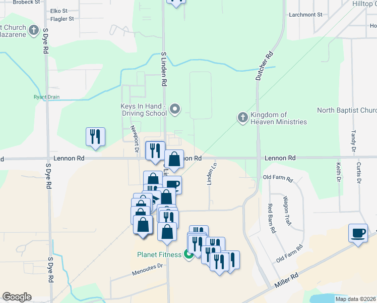 map of restaurants, bars, coffee shops, grocery stores, and more near 2504 Miami Beach Drive in Flint