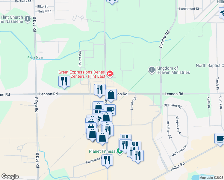 map of restaurants, bars, coffee shops, grocery stores, and more near 2503 Linden Road in Flint