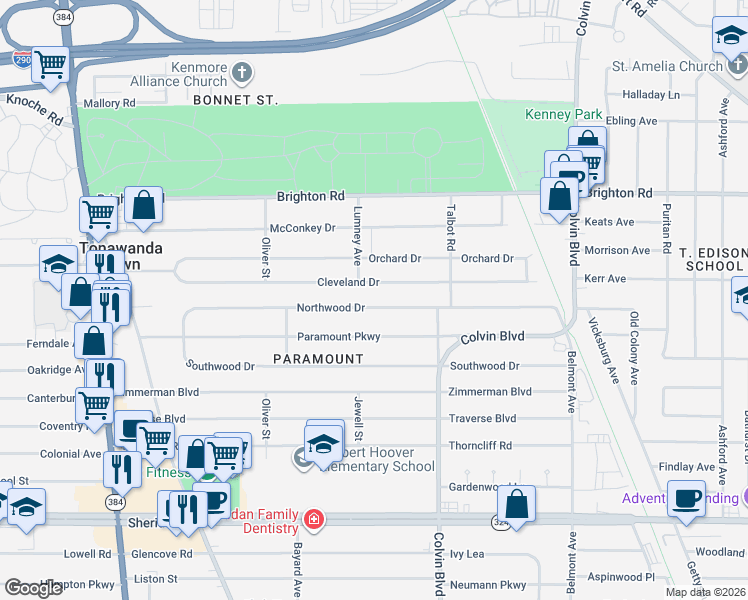 map of restaurants, bars, coffee shops, grocery stores, and more near 242 Northwood Drive in Buffalo