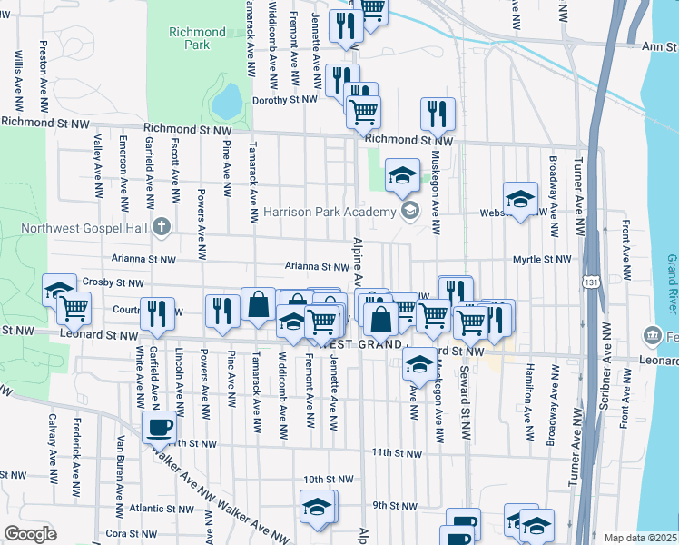 map of restaurants, bars, coffee shops, grocery stores, and more near 820 Arianna Street Northwest in Grand Rapids