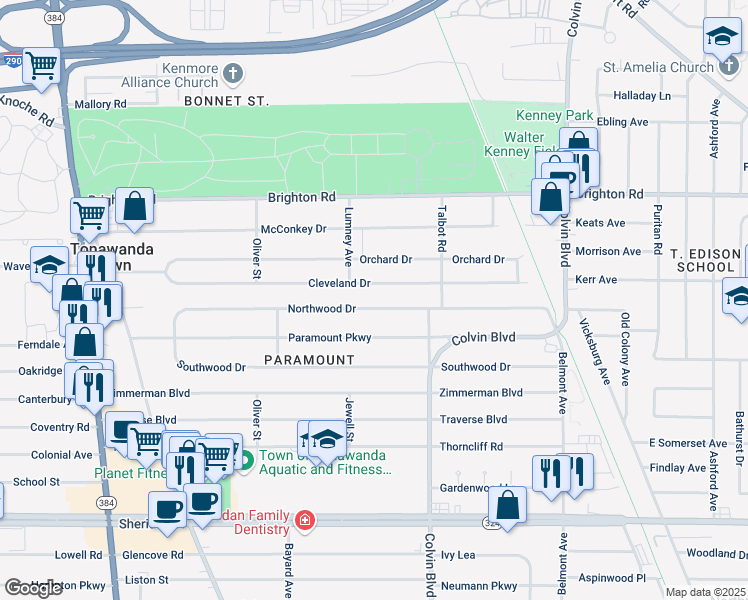 map of restaurants, bars, coffee shops, grocery stores, and more near 246 Cleveland Drive in Buffalo