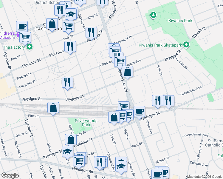 map of restaurants, bars, coffee shops, grocery stores, and more near 1255 Brydges Street in London