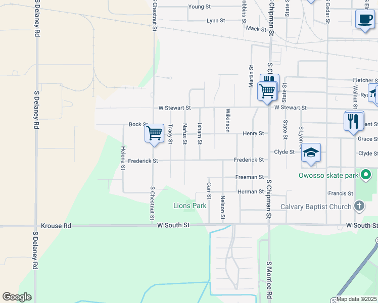 map of restaurants, bars, coffee shops, grocery stores, and more near 909 Nafus Street in Owosso