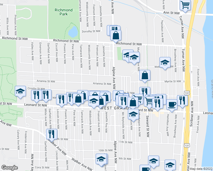 map of restaurants, bars, coffee shops, grocery stores, and more near 826 Arianna Street Northwest in Grand Rapids