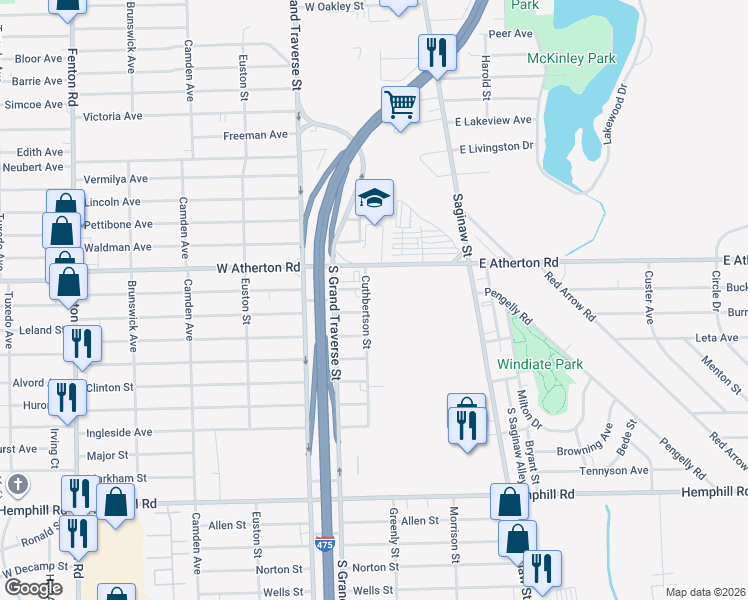 map of restaurants, bars, coffee shops, grocery stores, and more near 457 West Atherton Road in Flint