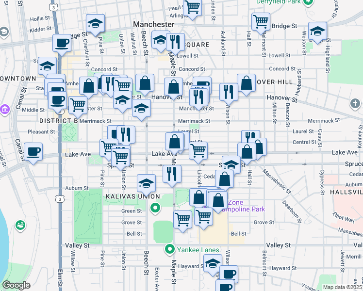 map of restaurants, bars, coffee shops, grocery stores, and more near 319 Central Street in Manchester