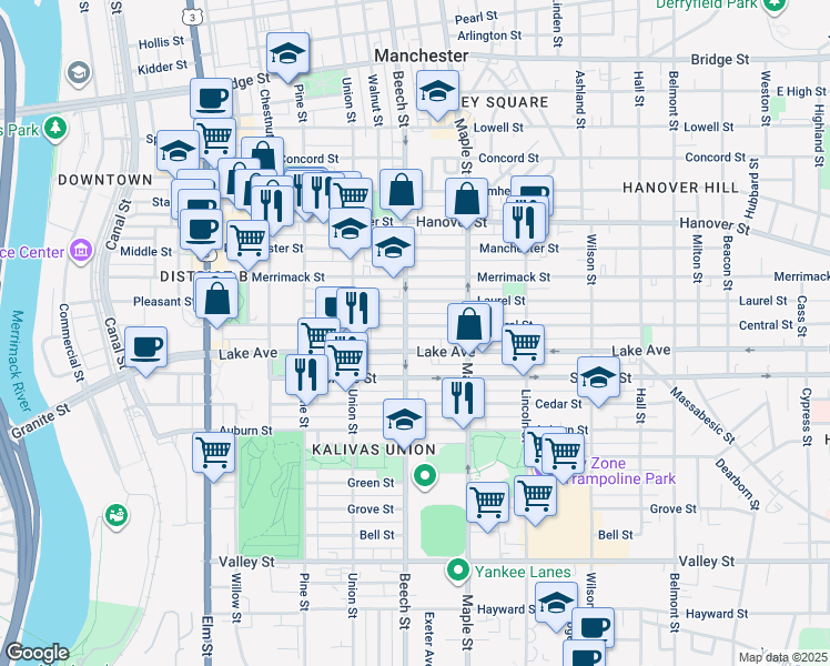 map of restaurants, bars, coffee shops, grocery stores, and more near 147 Laurel Street in Manchester