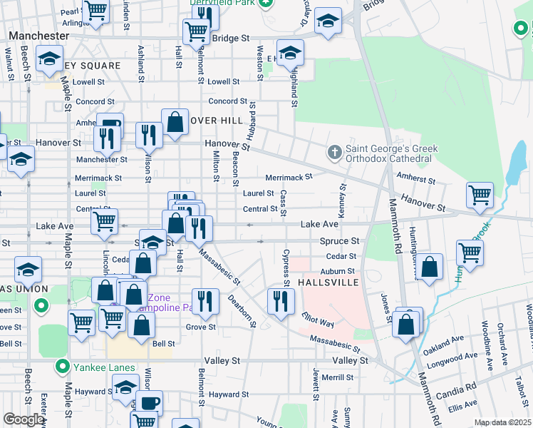map of restaurants, bars, coffee shops, grocery stores, and more near 449 Laurel Street in Manchester