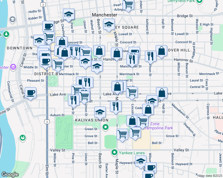 map of restaurants, bars, coffee shops, grocery stores, and more near 185 Laurel Street in Manchester