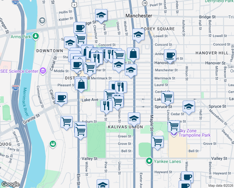 map of restaurants, bars, coffee shops, grocery stores, and more near 75 Laurel Street in Manchester
