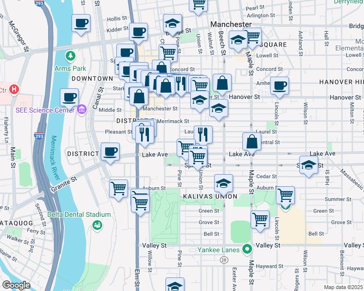 map of restaurants, bars, coffee shops, grocery stores, and more near 75 Laurel Street in Manchester