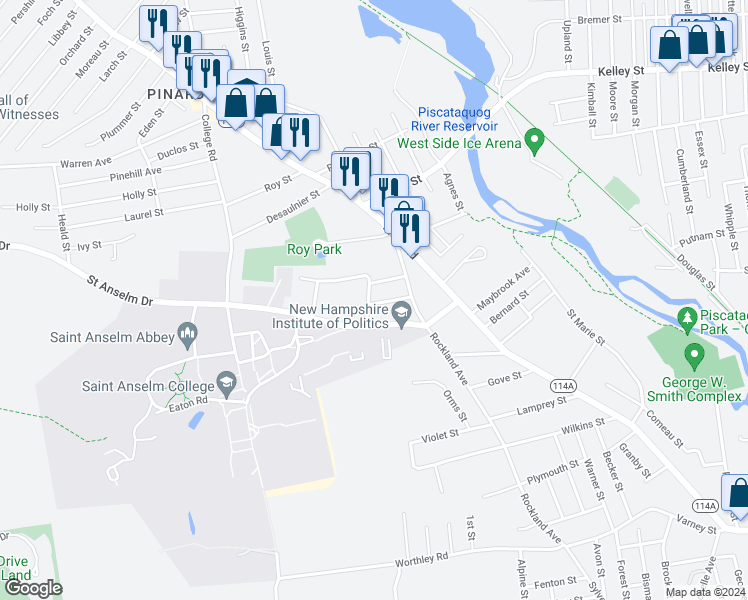 map of restaurants, bars, coffee shops, grocery stores, and more near 6 Elmwood Avenue in Manchester