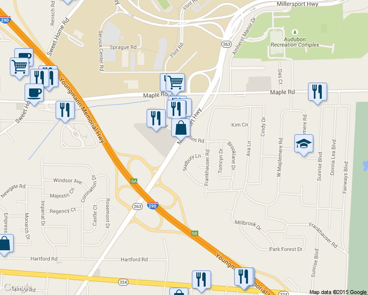 map of restaurants, bars, coffee shops, grocery stores, and more near 115 Flint Road in Buffalo