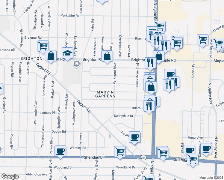 map of restaurants, bars, coffee shops, grocery stores, and more near 121 Calvin Court North in Tonawanda
