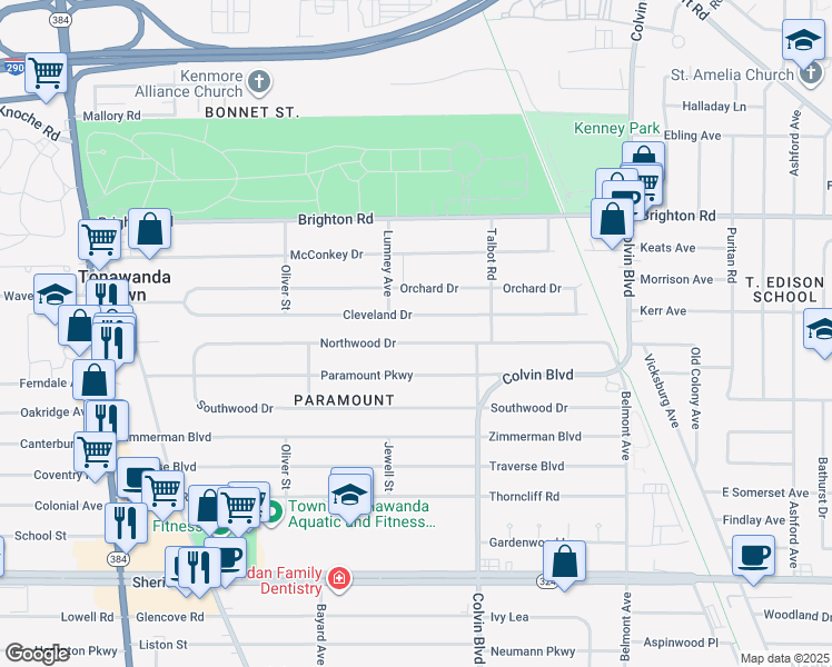 map of restaurants, bars, coffee shops, grocery stores, and more near 246 Cleveland Drive in Buffalo