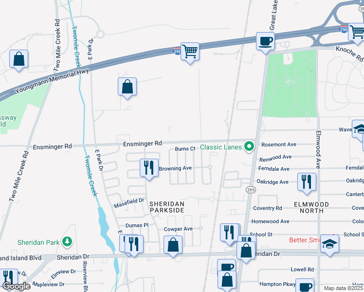 map of restaurants, bars, coffee shops, grocery stores, and more near 167 Ensminger Road in Tonawanda