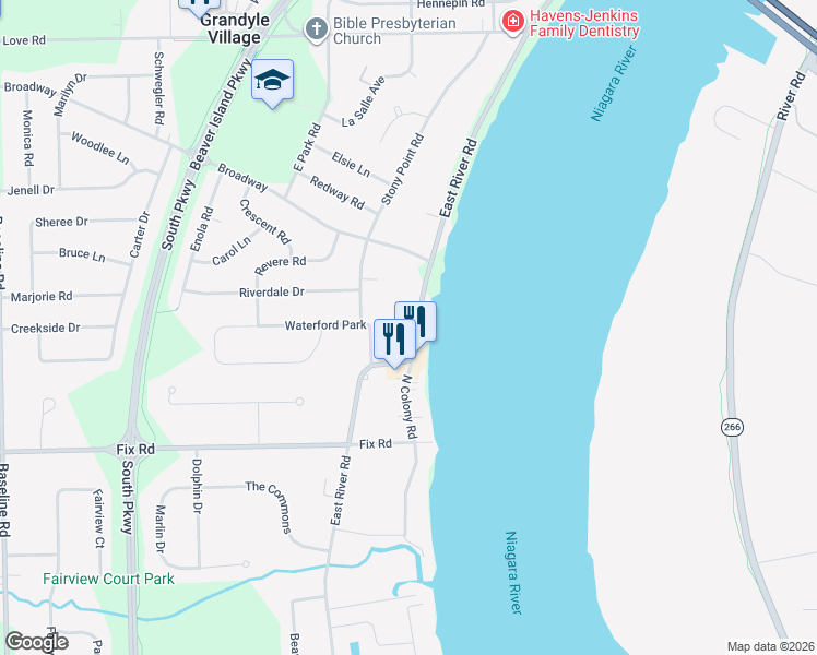 map of restaurants, bars, coffee shops, grocery stores, and more near 1048 East River Road in Grand Island