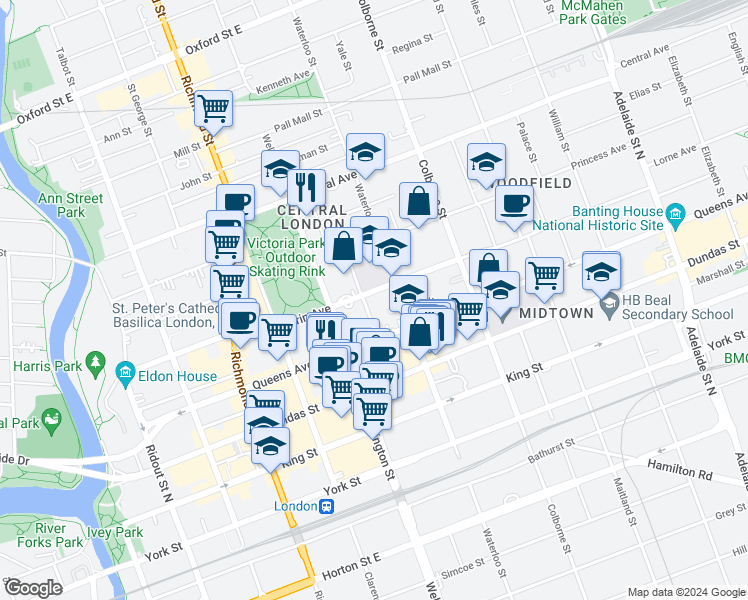 map of restaurants, bars, coffee shops, grocery stores, and more near 484 Waterloo Street in London