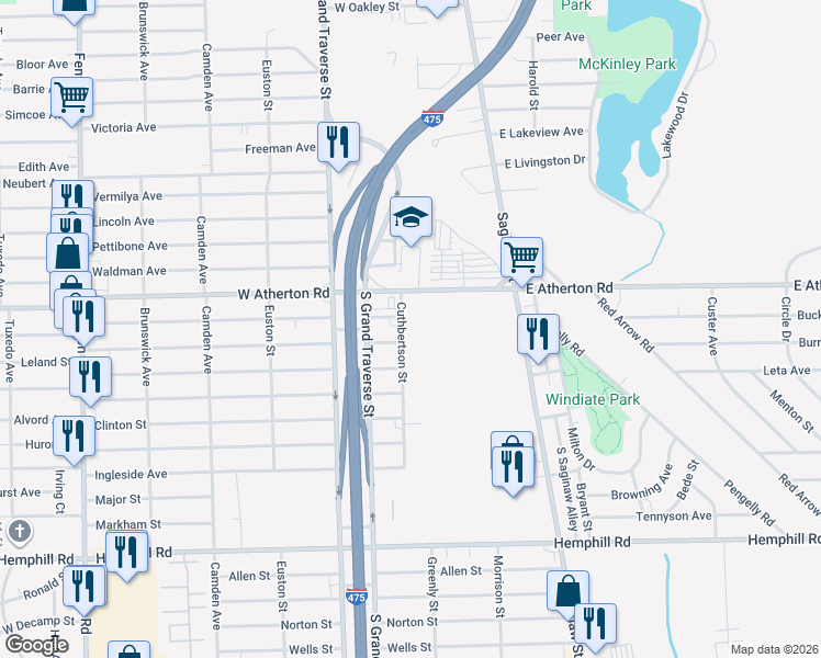 map of restaurants, bars, coffee shops, grocery stores, and more near 457 West Atherton Road in Flint