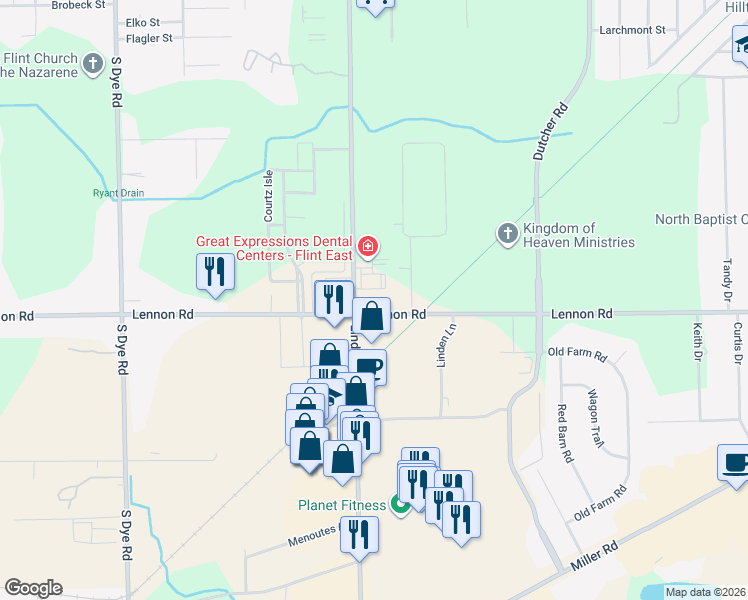 map of restaurants, bars, coffee shops, grocery stores, and more near 2503 Linden Road in Flint