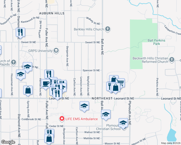 map of restaurants, bars, coffee shops, grocery stores, and more near 1511 Spencer Street Northeast in Grand Rapids