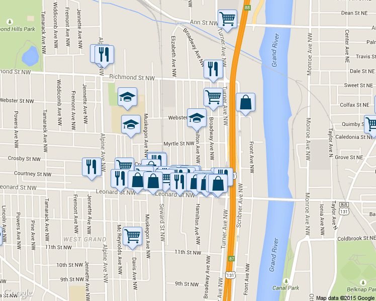 map of restaurants, bars, coffee shops, grocery stores, and more near 1409 Quarry Avenue Northwest in Grand Rapids