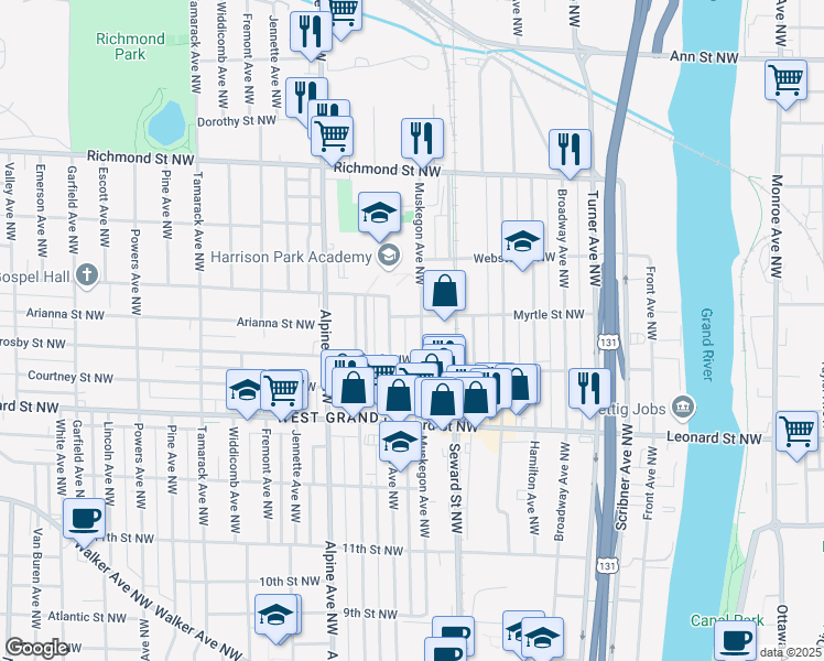 map of restaurants, bars, coffee shops, grocery stores, and more near 655 Myrtle Street Northwest in Grand Rapids