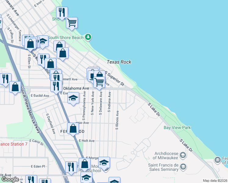 map of restaurants, bars, coffee shops, grocery stores, and more near 3071 South Superior Street in Milwaukee