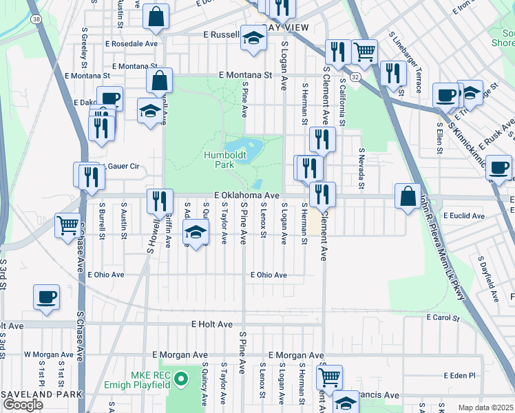 map of restaurants, bars, coffee shops, grocery stores, and more near 816 East Oklahoma Avenue in Milwaukee