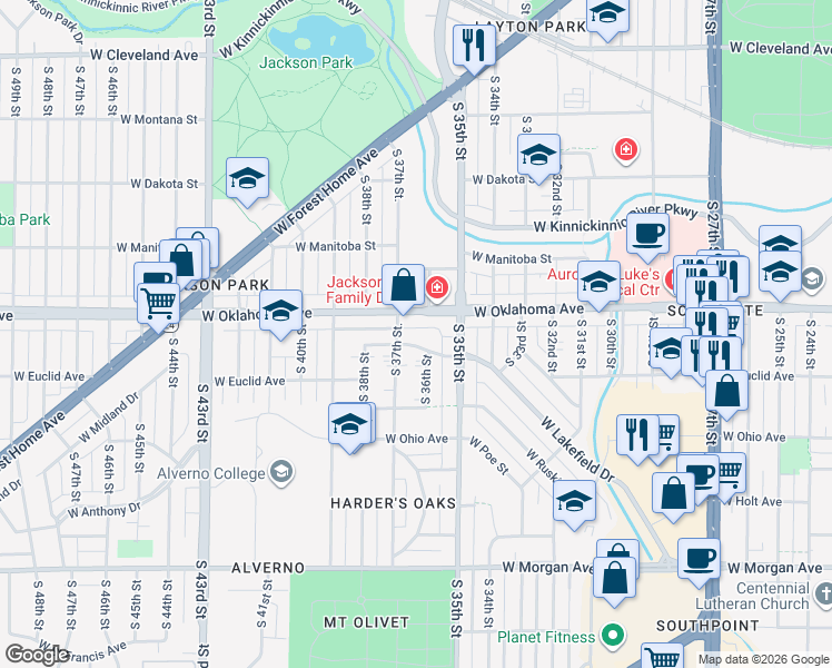 map of restaurants, bars, coffee shops, grocery stores, and more near 3626 West Oklahoma Avenue in Milwaukee