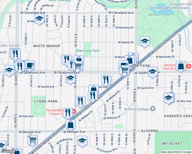 map of restaurants, bars, coffee shops, grocery stores, and more near 4828 West Oklahoma Avenue in Milwaukee