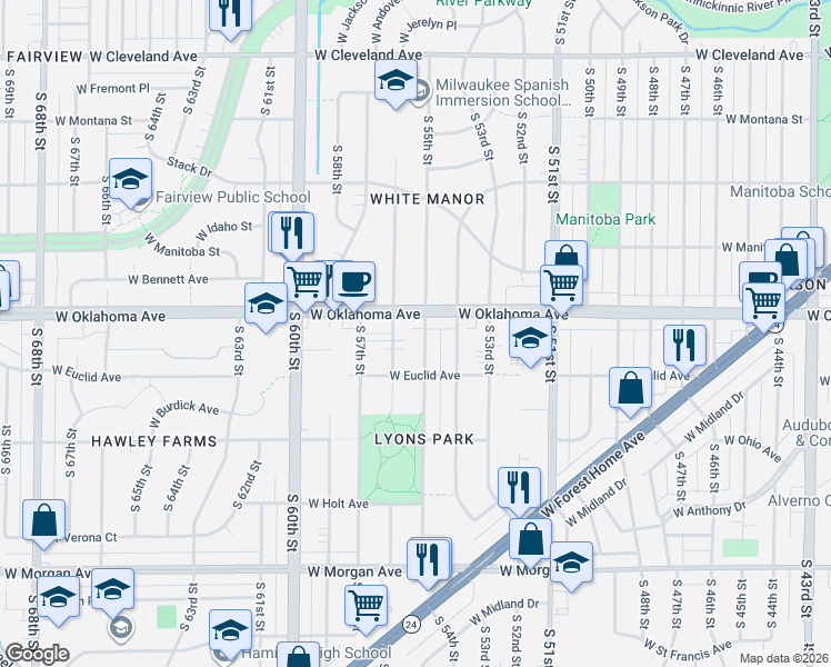 map of restaurants, bars, coffee shops, grocery stores, and more near 3078 South 55th Street in Milwaukee