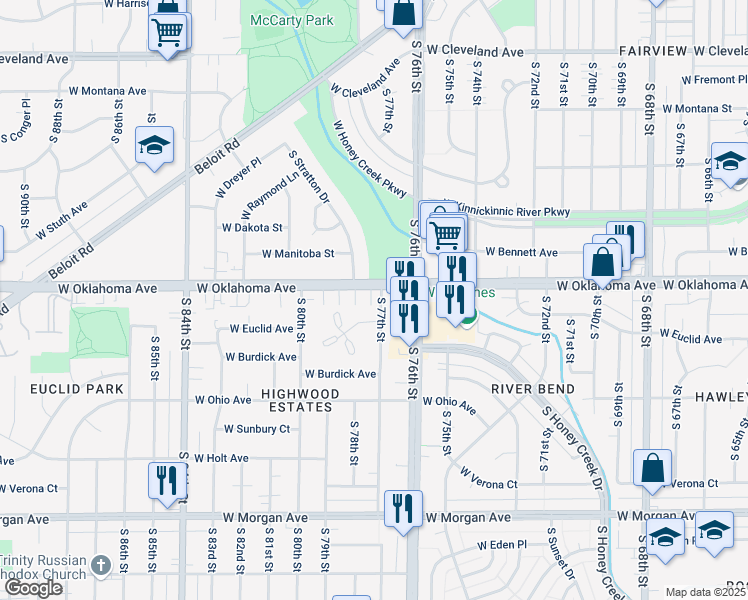 map of restaurants, bars, coffee shops, grocery stores, and more near 3080 South Stratton Drive in West Allis