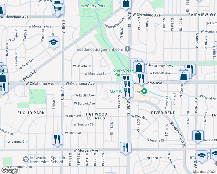 map of restaurants, bars, coffee shops, grocery stores, and more near 7814 West Oklahoma Avenue in West Allis