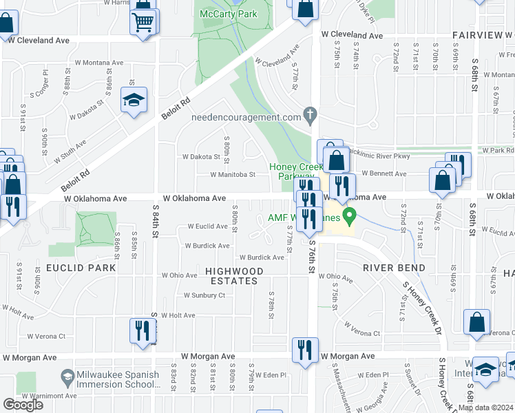 map of restaurants, bars, coffee shops, grocery stores, and more near 7814 West Oklahoma Avenue in West Allis