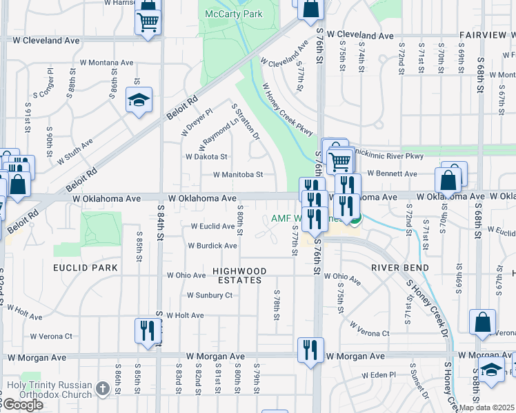 map of restaurants, bars, coffee shops, grocery stores, and more near 7814 West Oklahoma Avenue in West Allis