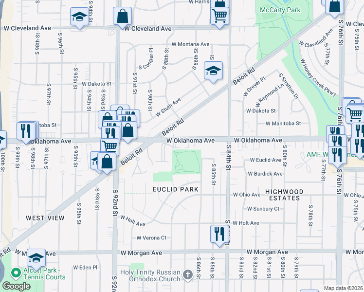 map of restaurants, bars, coffee shops, grocery stores, and more near 8700 West Oklahoma Avenue in Milwaukee