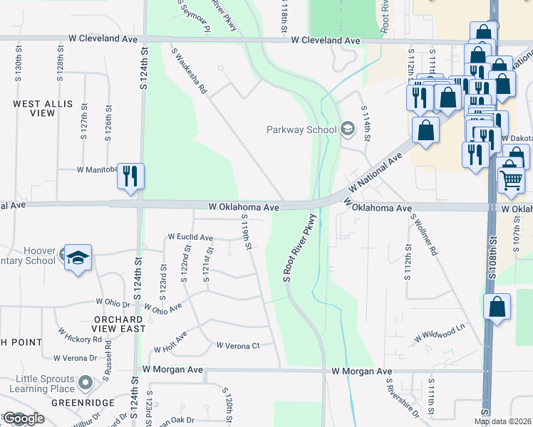 map of restaurants, bars, coffee shops, grocery stores, and more near 11836 West Oklahoma Avenue in West Allis