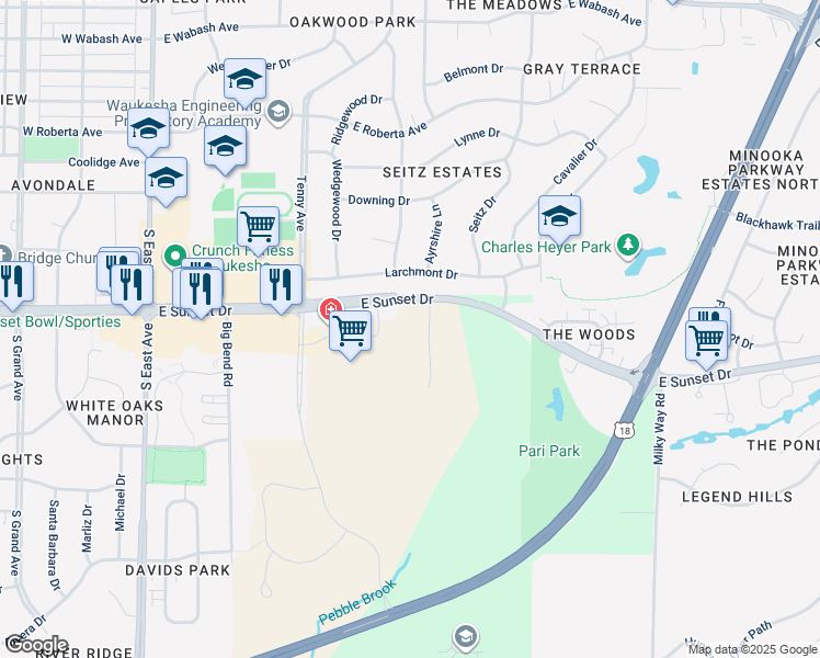 map of restaurants, bars, coffee shops, grocery stores, and more near S31W23465 East Sunset Drive in Waukesha
